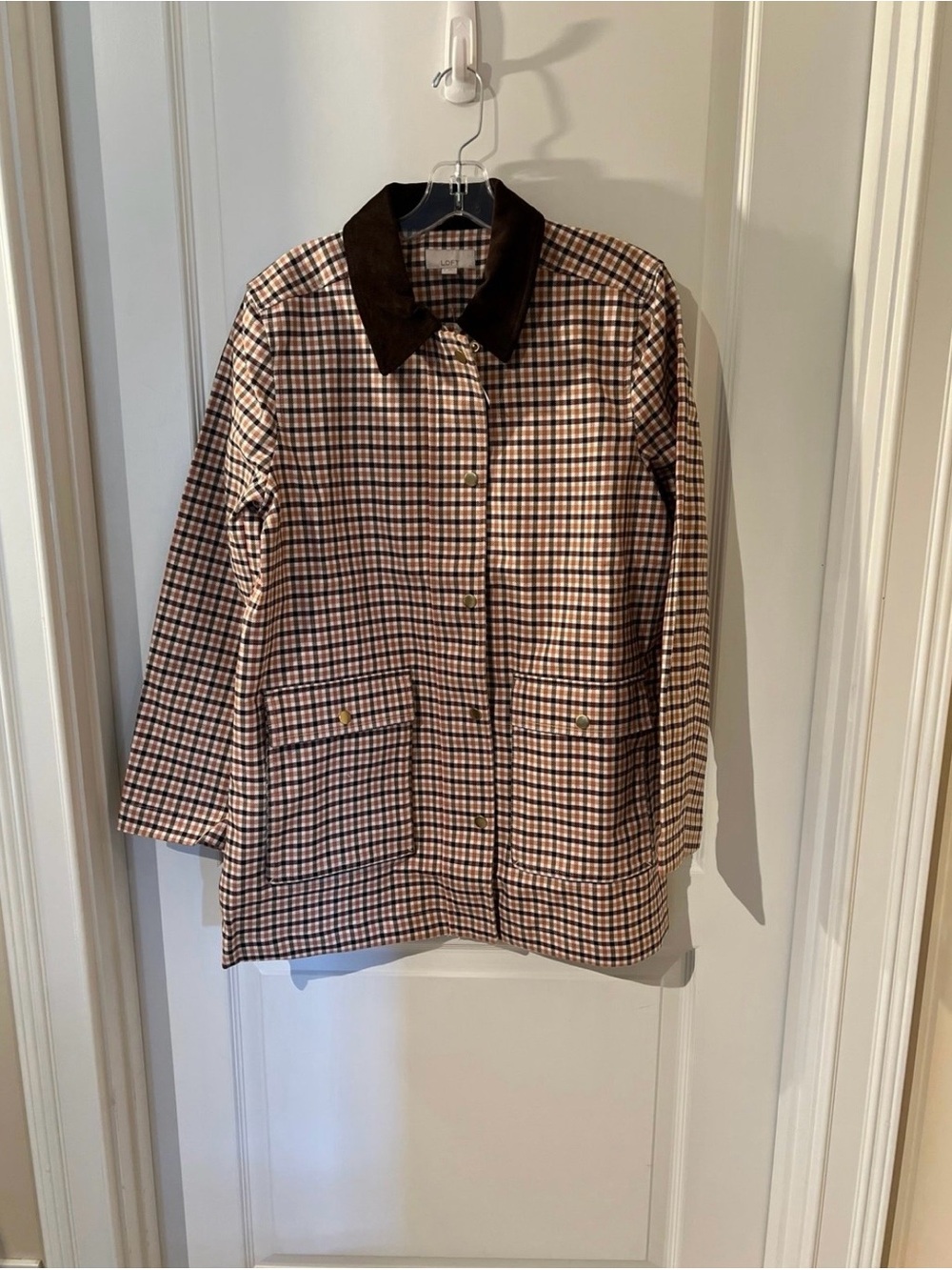 LOFT Plaid Trench Coat with Dark Brown Corduroy Collar